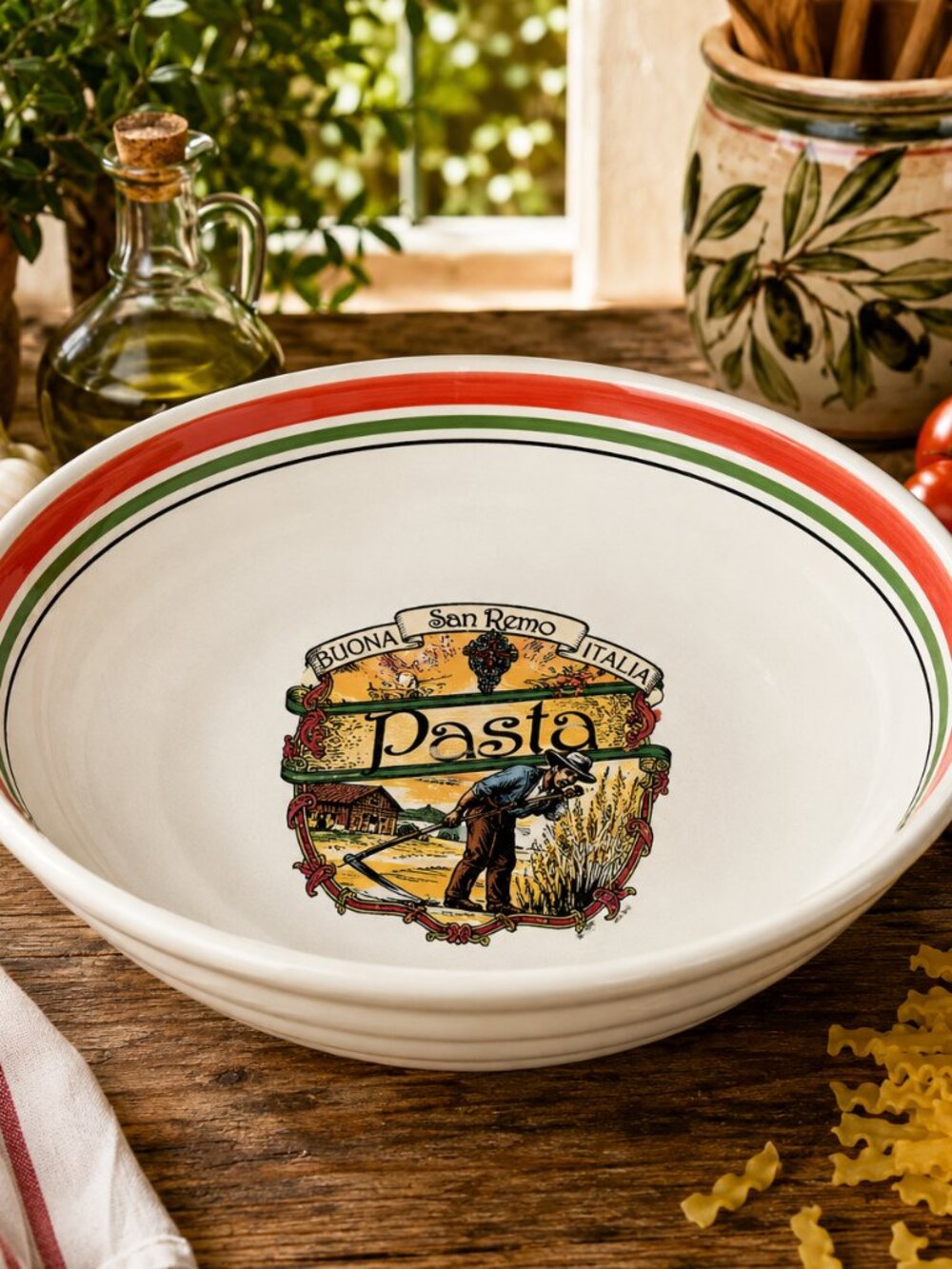 Italian Pasta Serving Bowl - Red, Green, Cream